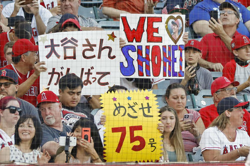 レンジャーズ戦でエンゼルス・大谷を応援するファン=アナハイム(共同)