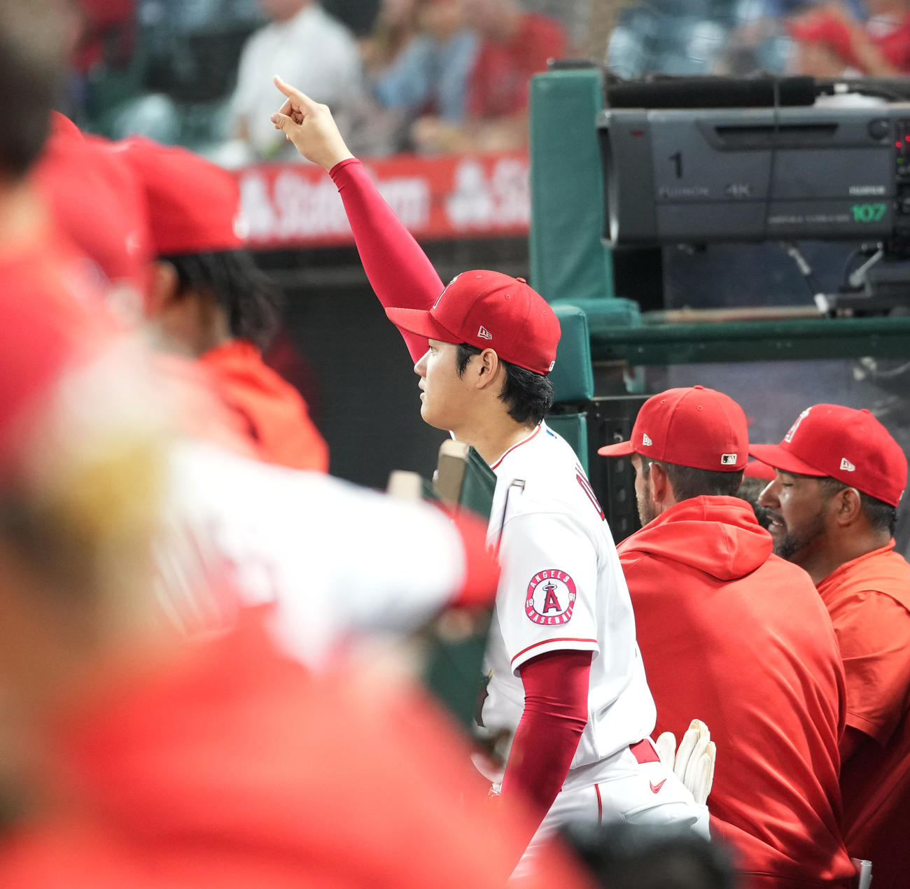 アストロズに勝利し、指を突き上げるエンゼルス大谷(撮影・菅敏）