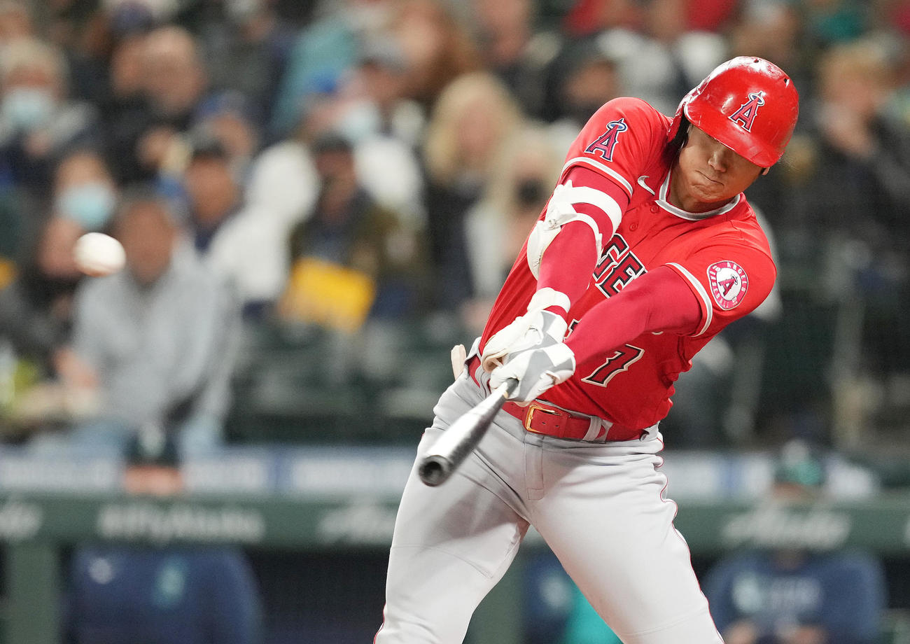 マリナーズ対エンゼルス　1回表エンゼルス1死、中飛に倒れるエンゼルス大谷（撮影・菅敏）
