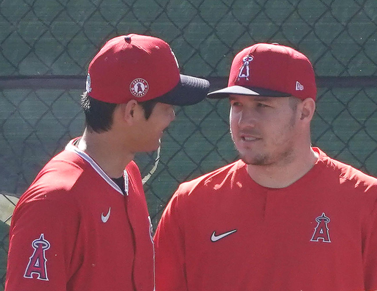 大谷（左）と談笑するトラウト（2020年2月17日撮影）