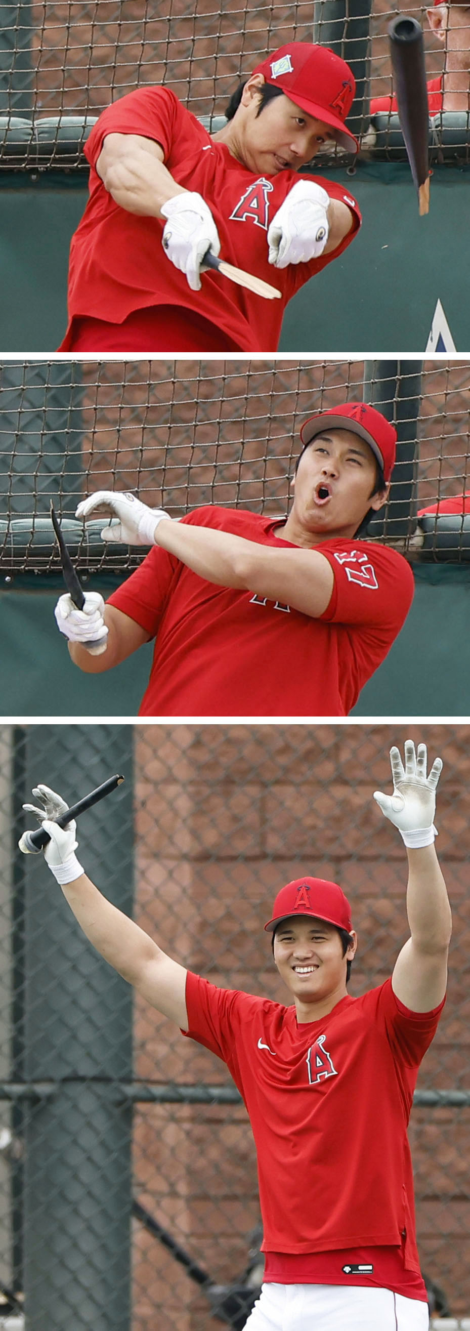 打撃練習でバットを折り、笑顔を見せるエンゼルス・大谷＝テンピ（共同）