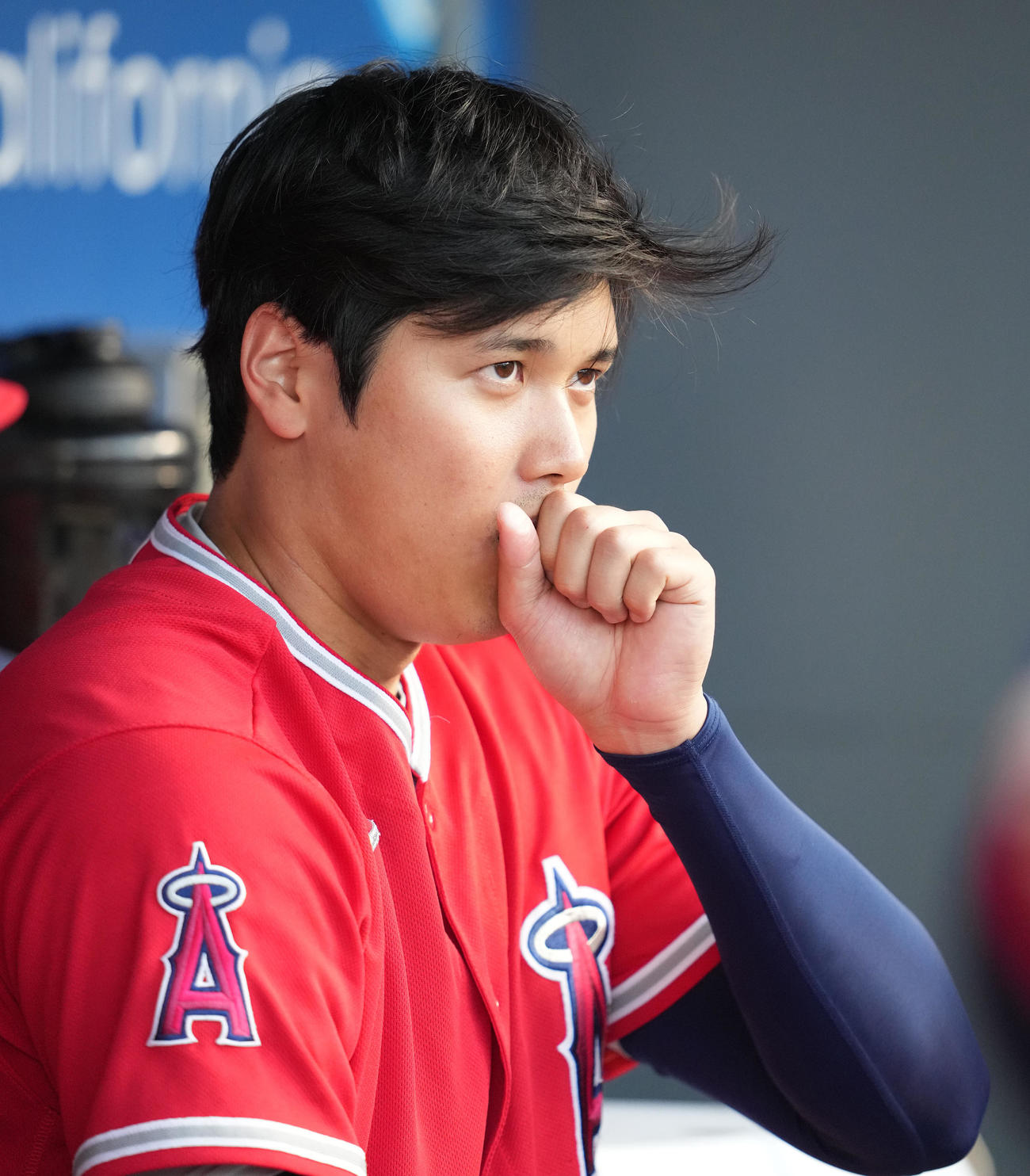 ドジャース対エンゼルス　ベンチで口に手を当てるエンゼルス大谷（撮影・鈴木みどり）