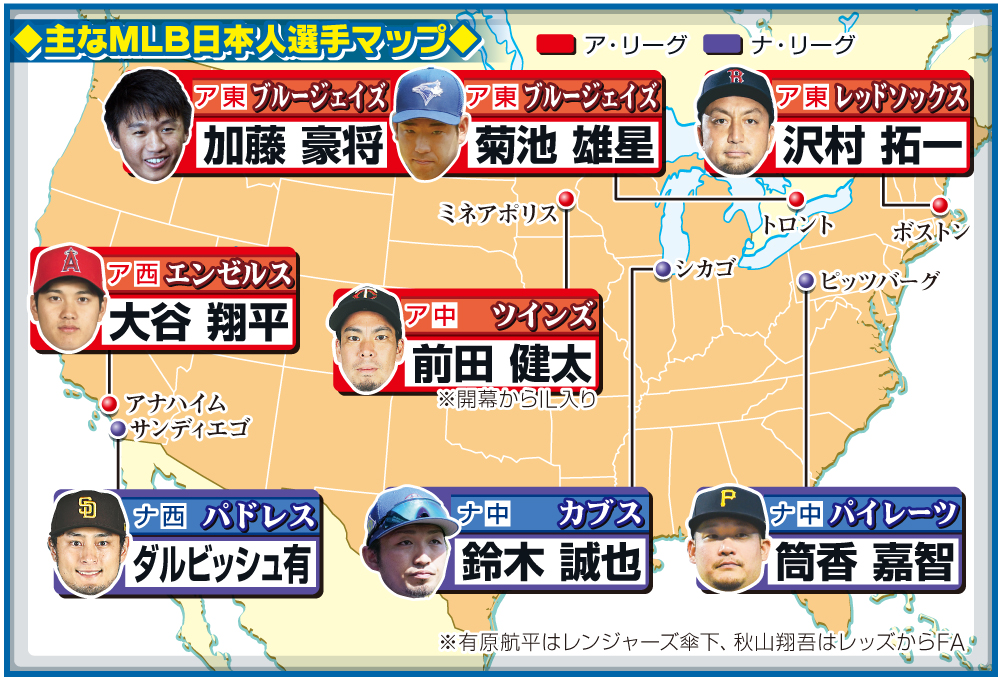 主なＭＬＢ日本人選手マップ