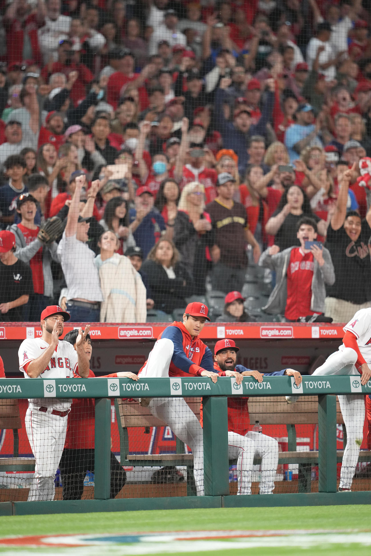 エンゼルス対アストロズ　アストロズに勝利し、ベンチを飛び出すエンゼルス大谷（中央）（撮影・鈴木みどり）