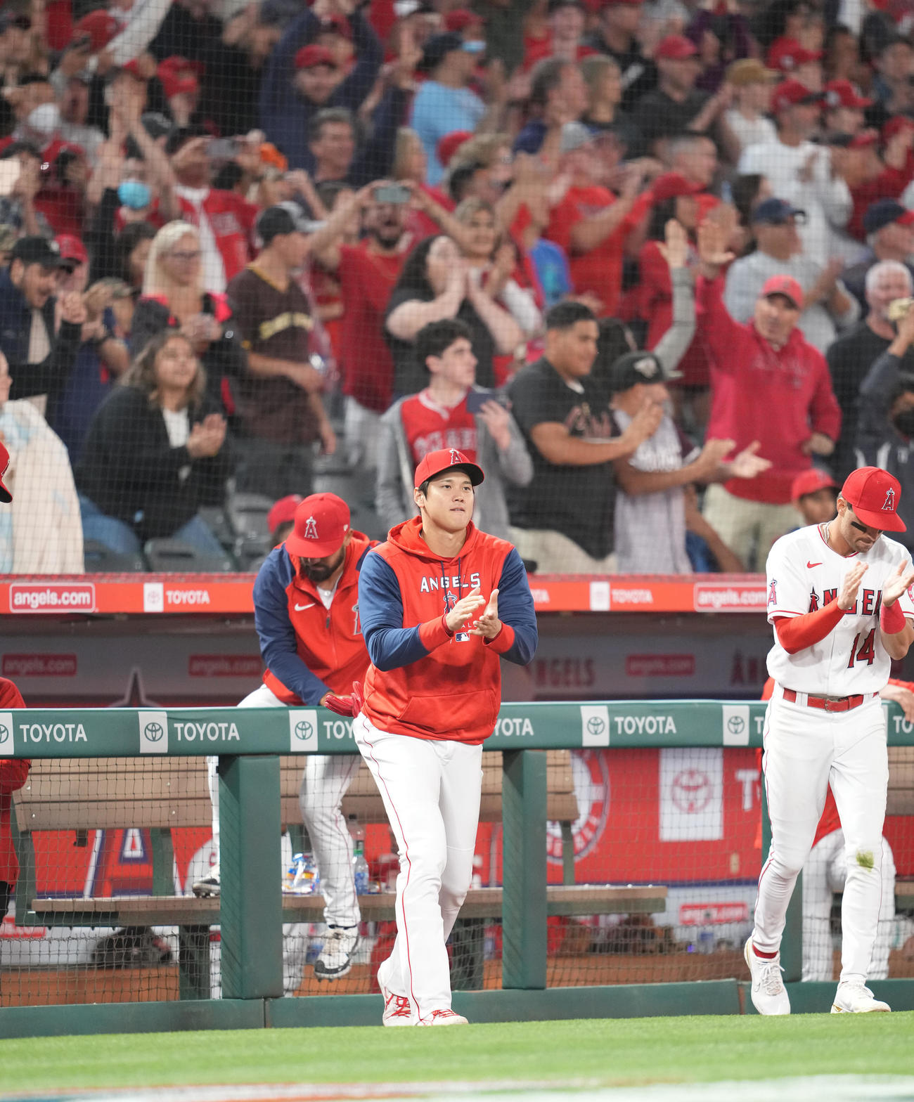 エンゼルス対アストロズ　アストロズに勝利し、手をたたくエンゼルス大谷（中央）（撮影・鈴木みどり）