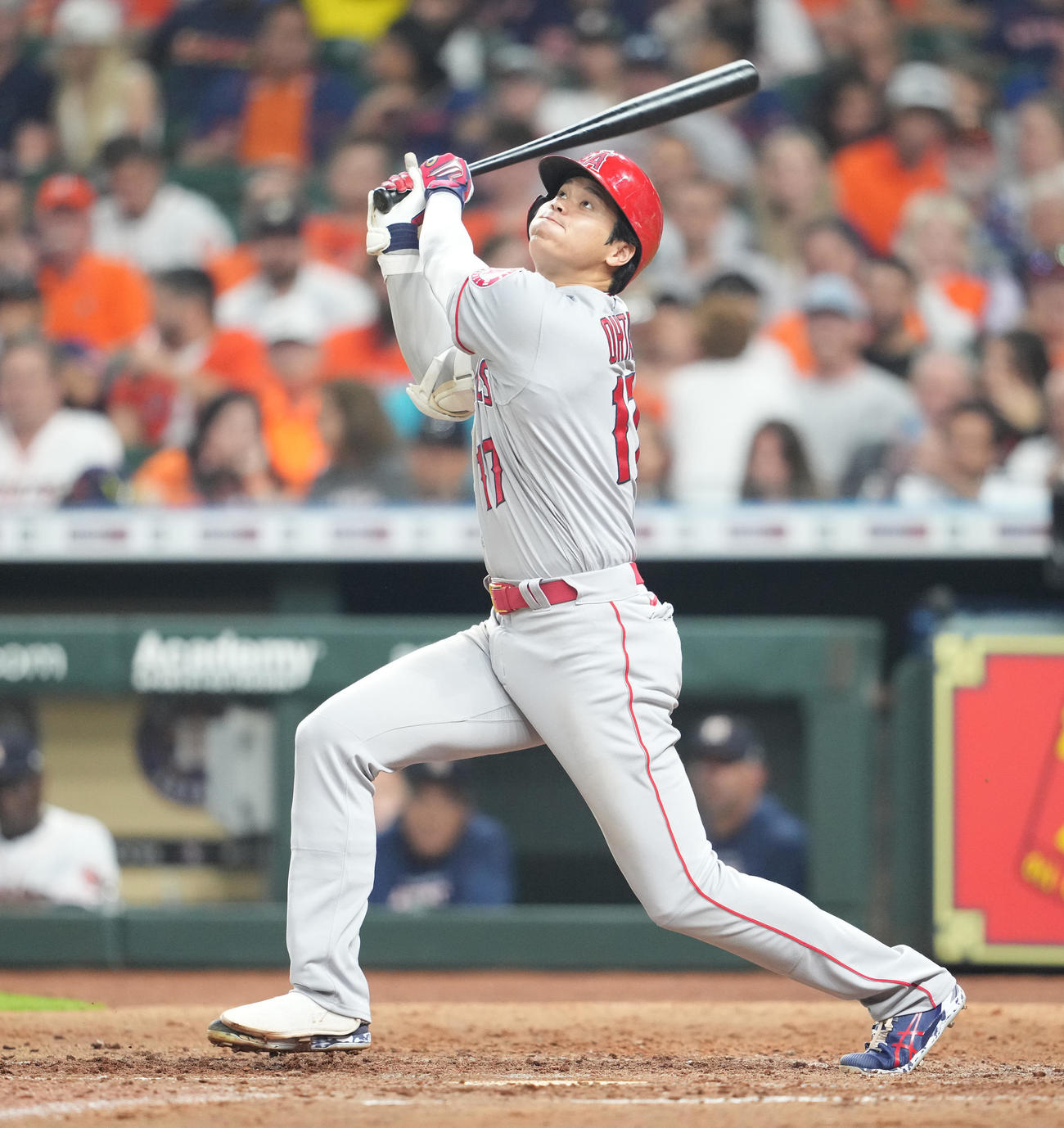 アストロズ対エンゼルス　5回表エンゼルス2死、左飛に倒れる大谷（撮影・鈴木みどり）