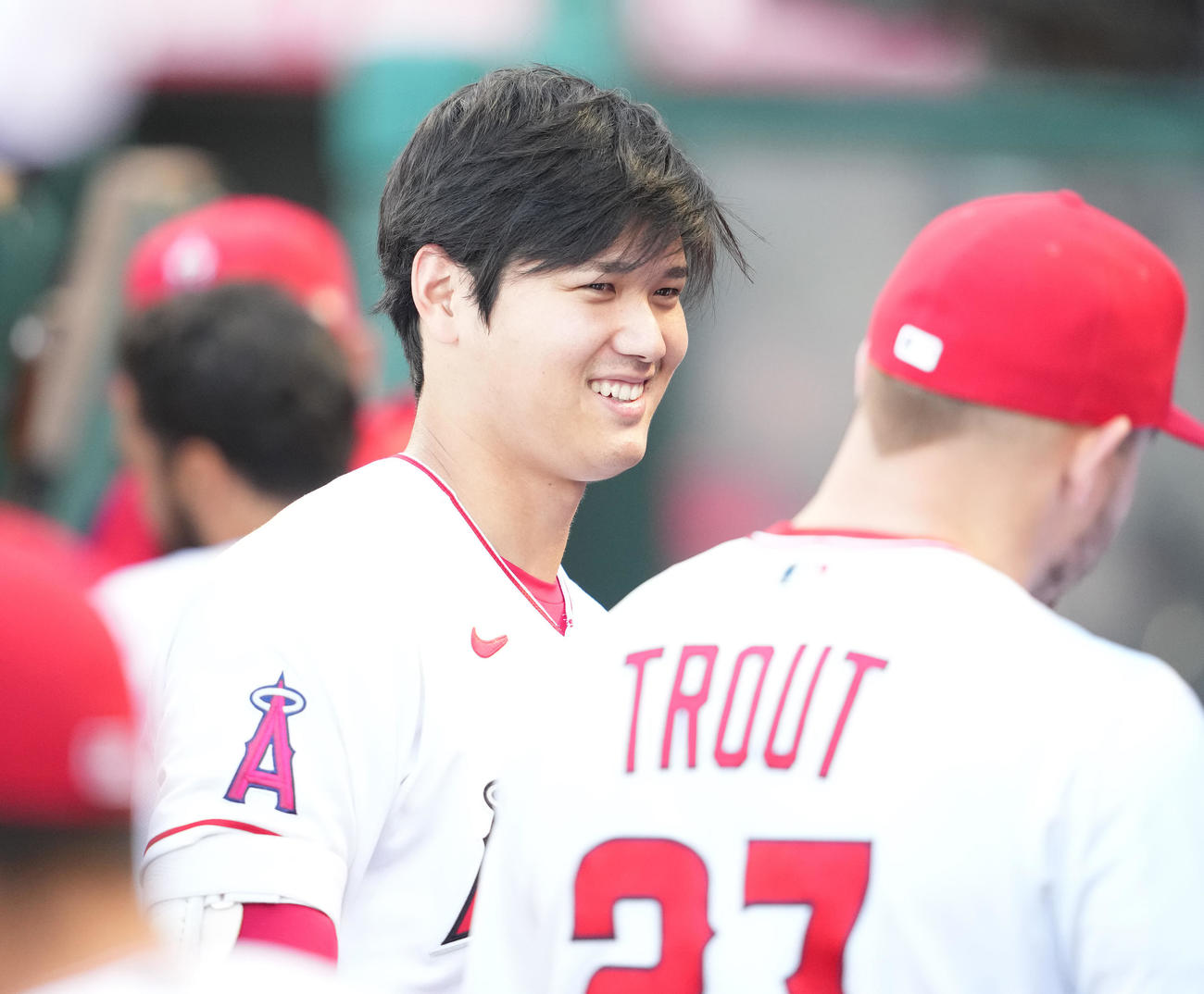 エンゼルス対オリオールズ　試合前笑顔のエンゼルス大谷（撮影・鈴木みどり）