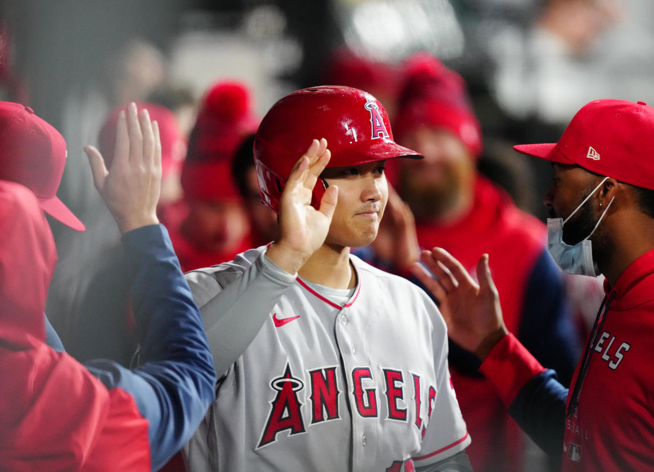 ホワイトソックス対エンゼルス　8回表エンゼルス2死三塁、ウォルシュの適時二塁打で生還した大谷（撮影・江口和貴）