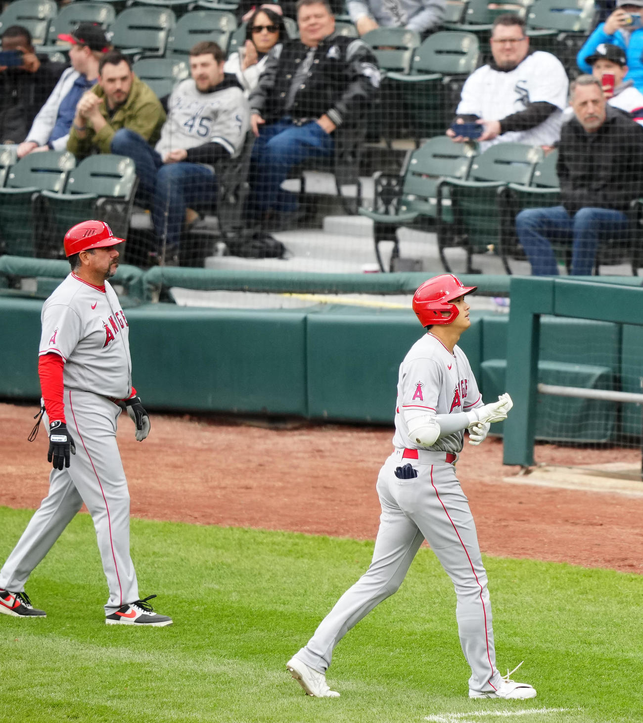 ホワイトソックス対エンゼルス　8回表エンゼルス2死一塁、二ゴロに倒れベンチに引き揚げる大谷（右）（撮影・江口和貴）