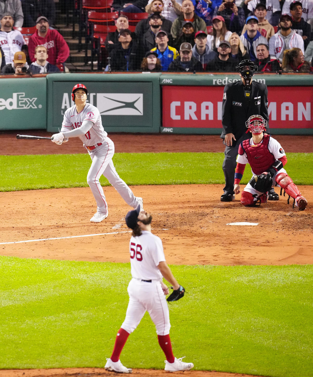 レッドソックス対エンゼルス　7回表エンゼルス無死、左飛に倒れる大谷。投手A・デービス（撮影・江口和貴）