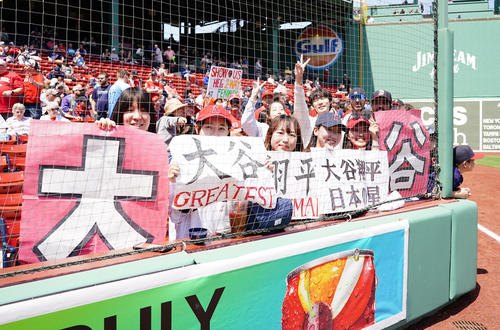 レッドソックス対エンゼルス 試合前、エンゼルス大谷を応援するファン(撮影・江口和貴)