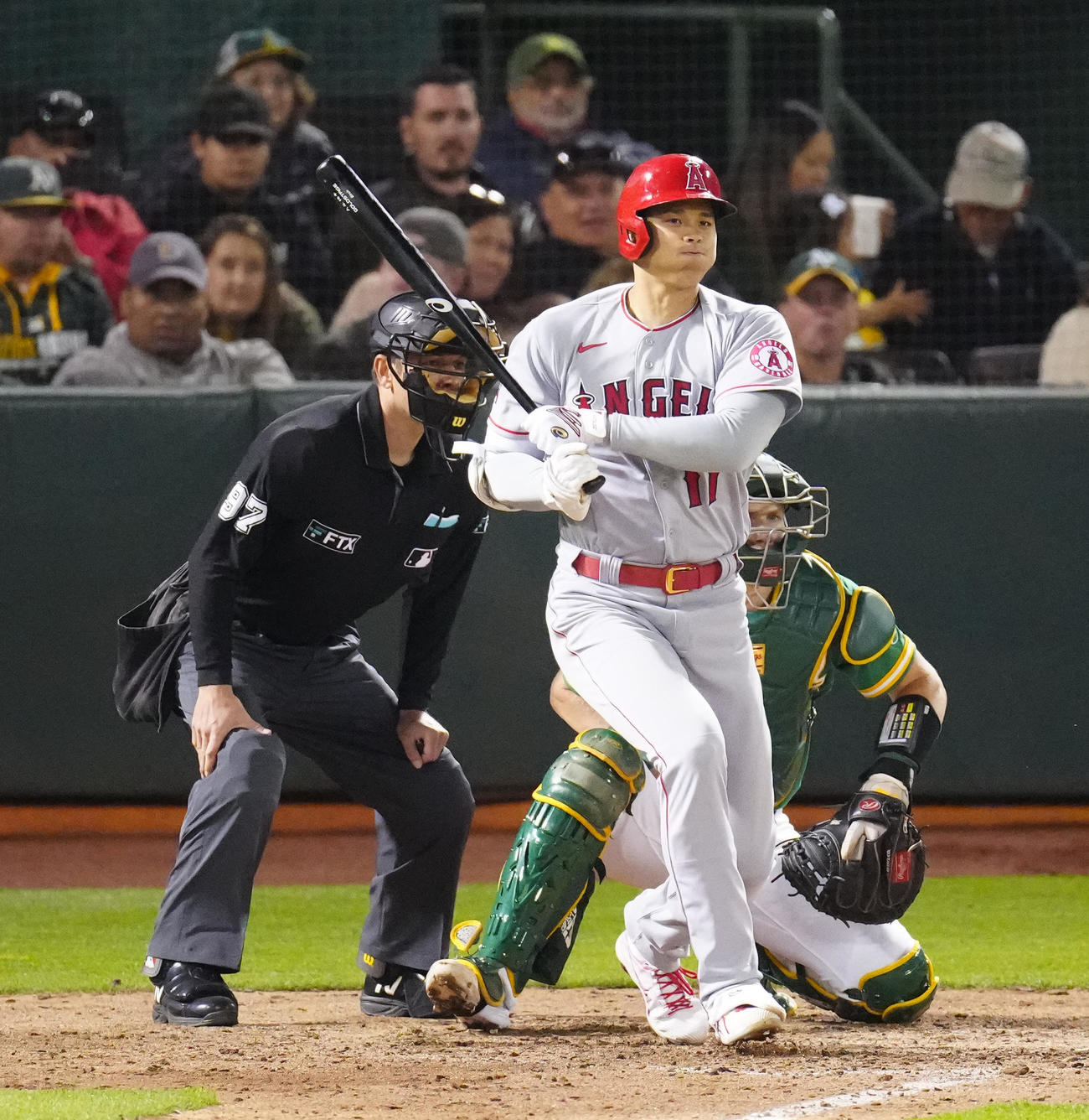 アスレチックス対エンゼルス　6回表エンゼルス2死二、三塁、二ゴロに倒れる大谷（撮影・江口和貴）
