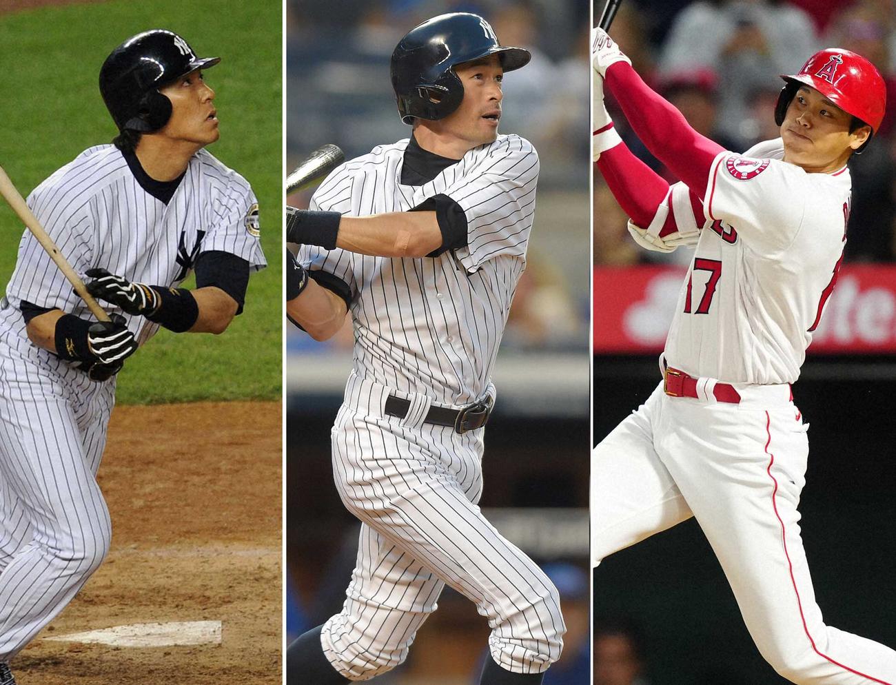 メジャー通算100号以上の3人（左から松井秀喜、イチロー、大谷翔平）