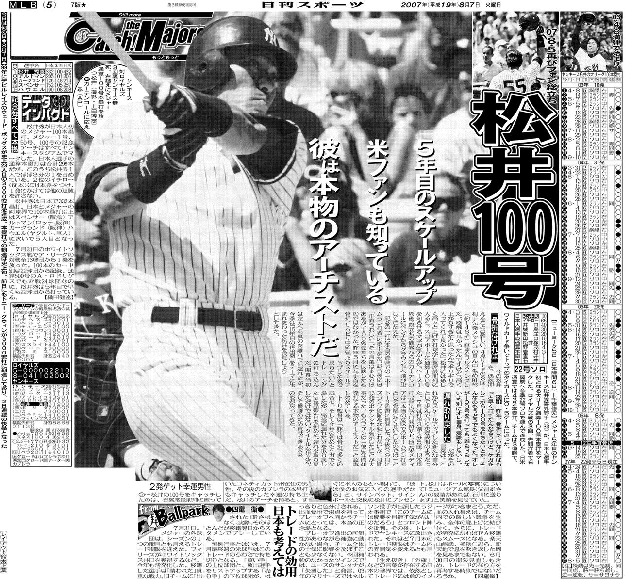 ヤンキース松井秀喜が日本人選手初のメジャー通算100号、総立ち観客 