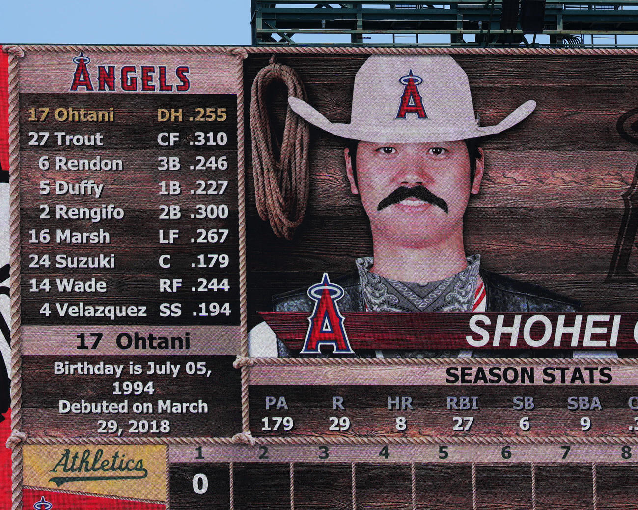 エンゼルス対アスレチックス　1回裏エンゼルス無死、電光掲示板で選手紹介される大谷（撮影・江口和貴）