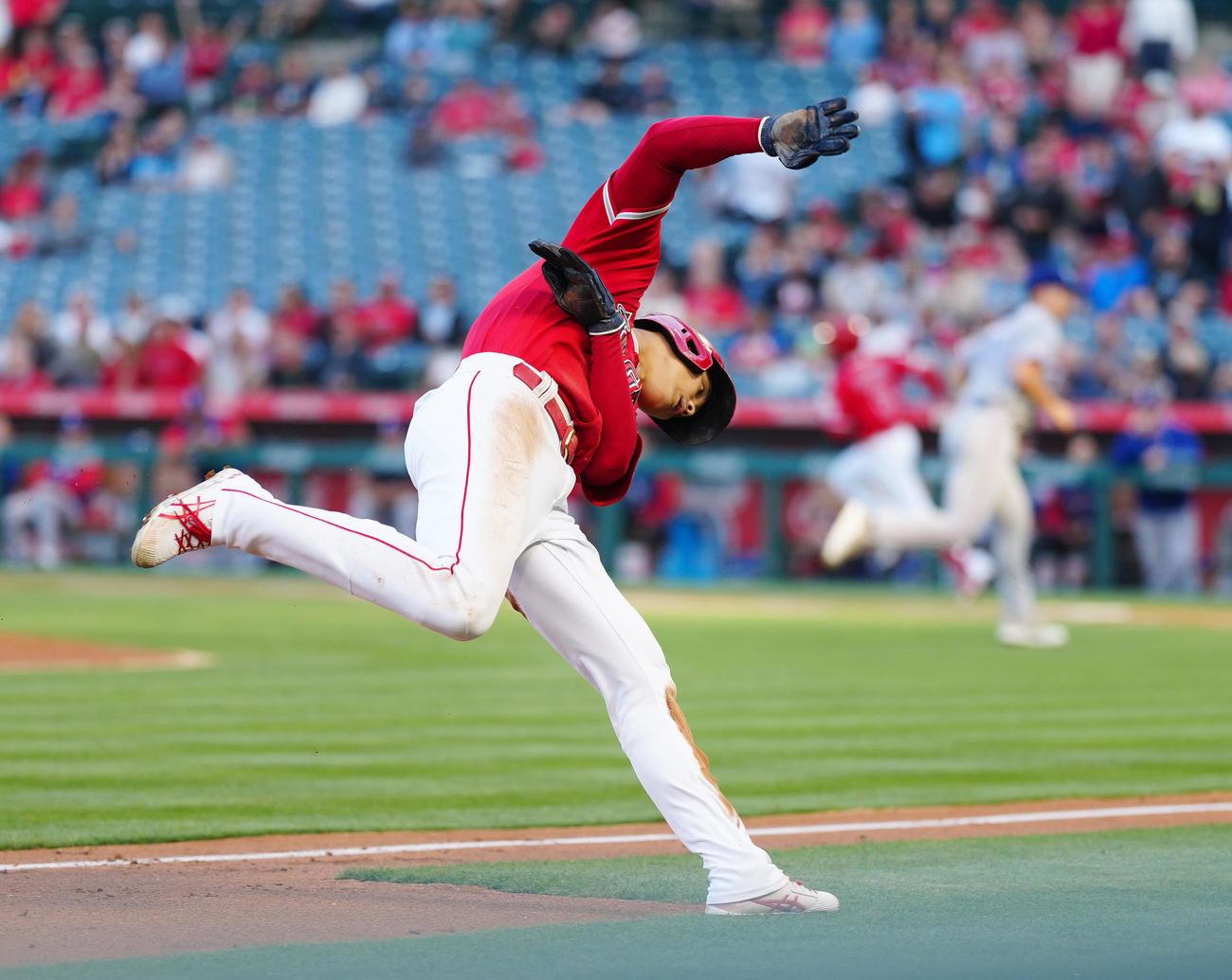 エンゼルス対レンジャーズ　1回裏エンゼルス2死二塁、レンドンの左前適時打で生還に向かうもバランスを崩す大谷（撮影・江口和貴）