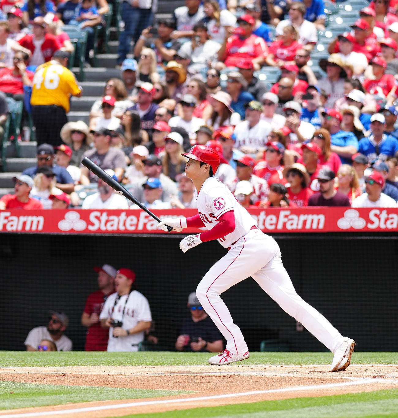 エンゼルス対ブルージェイズ　1回裏エンゼルス1死、先制ソロ本塁打を放つ大谷（撮影・江口和貴）