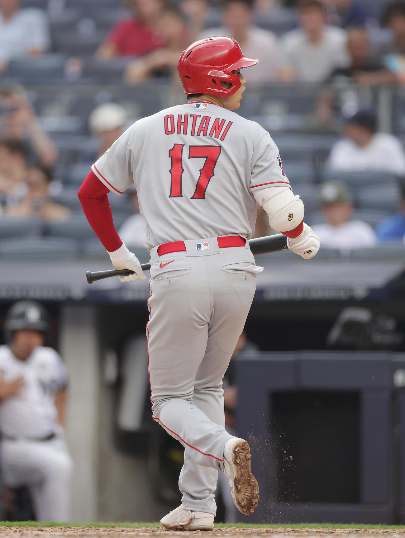 ヤンキース対エンゼルス　8回表エンゼルス1死一塁、見逃し三振に倒れる大谷（撮影・前田充）