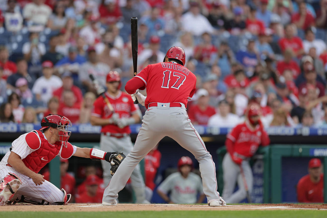 フィリーズ対エンゼルス　1回表エンゼルス無死一塁、見逃し三振に倒れる大谷（撮影・前田充）