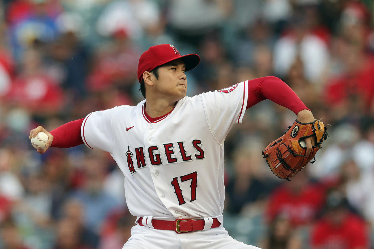 エンゼルス対レッドソックス　力投するエンゼルス先発の大谷（撮影・前田充）