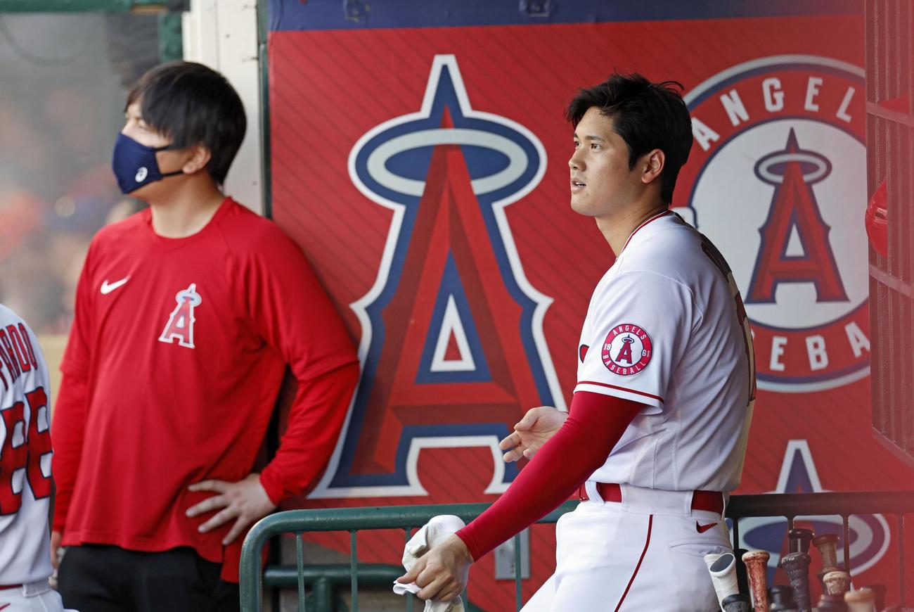 メッツ戦の1回、左飛に倒れたエンゼルス・大谷＝アナハイム（共同）