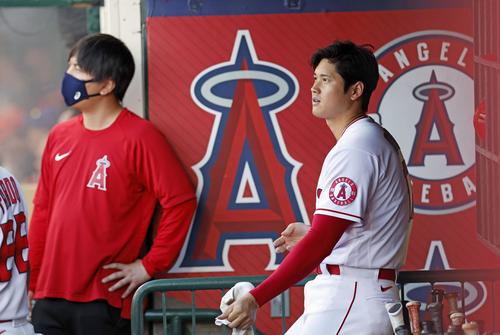 メッツ戦の1回、左飛に倒れたエンゼルス・大谷=アナハイム(共同)