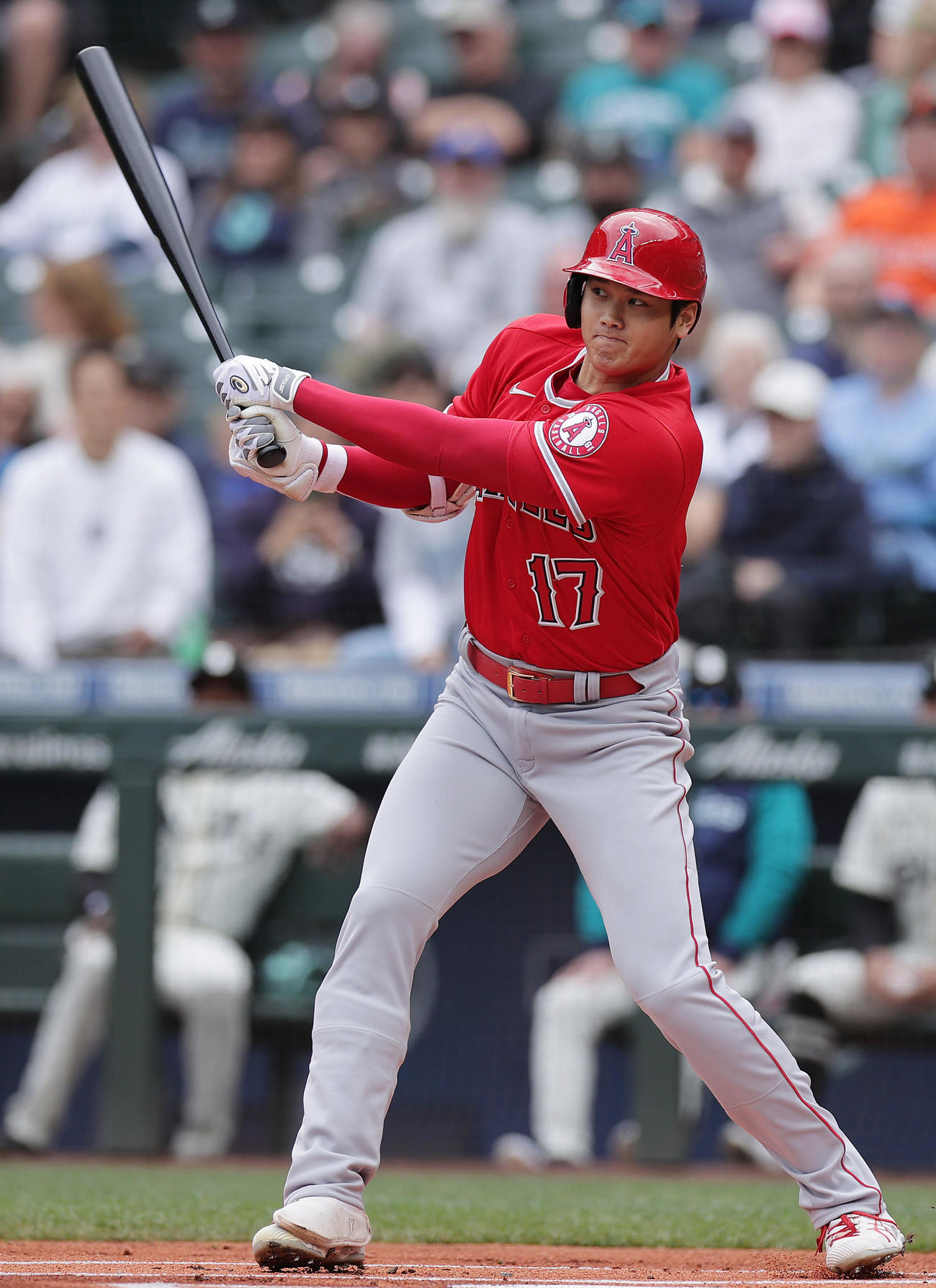 マリナーズ対エンゼルス　ダブルヘッダーの第1試合　1回表エンゼルス2死、左直に倒れる大谷（撮影・前田充）