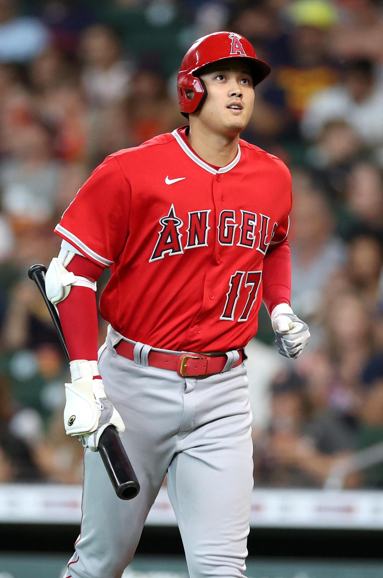 アストロズ対エンゼルス　1回表エンゼルス1死一塁、右飛に打ち取られる大谷（撮影・狩俣裕三）