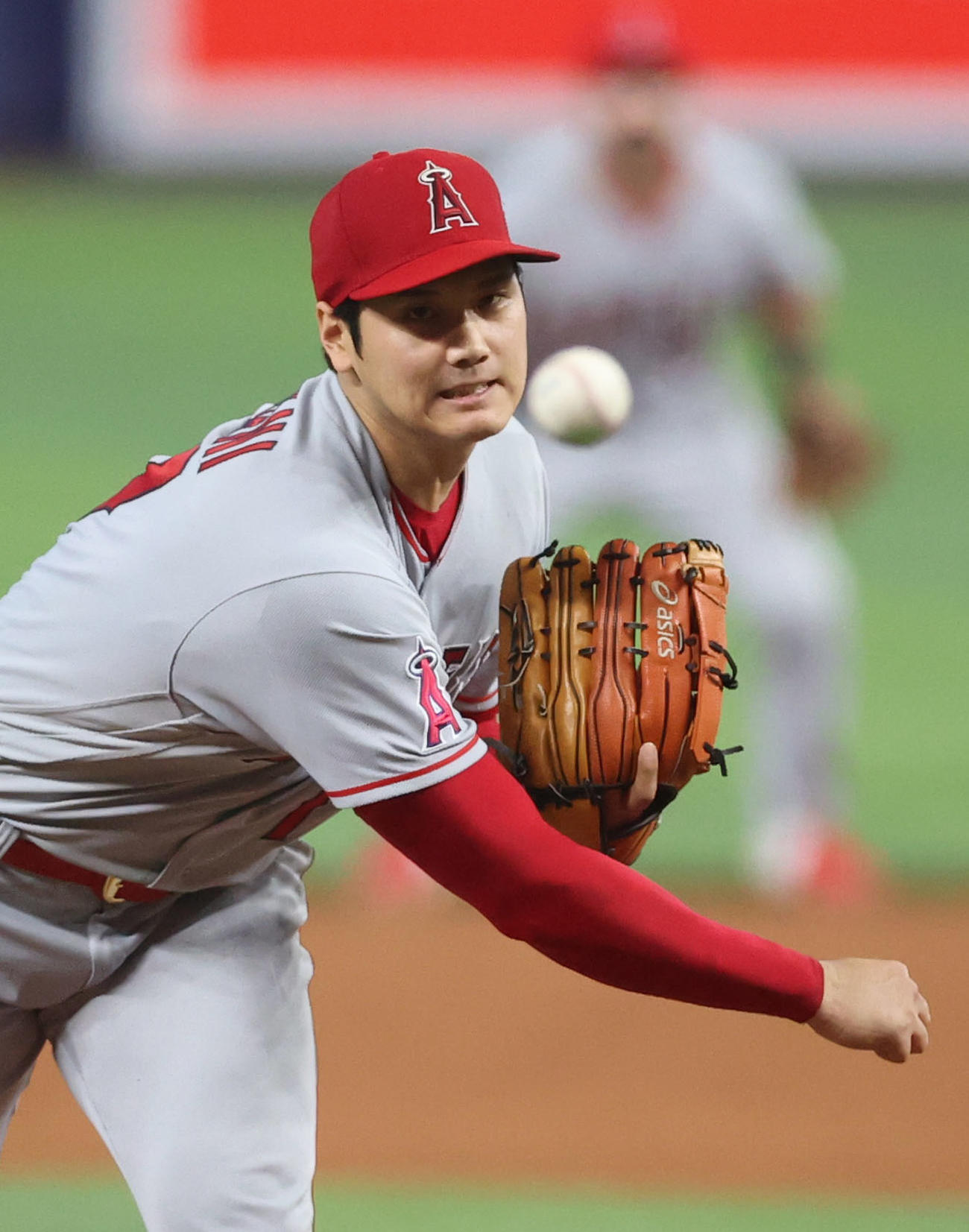 マーリンズ対エンゼルス　エンゼルス先発の大谷（撮影・狩俣裕三）