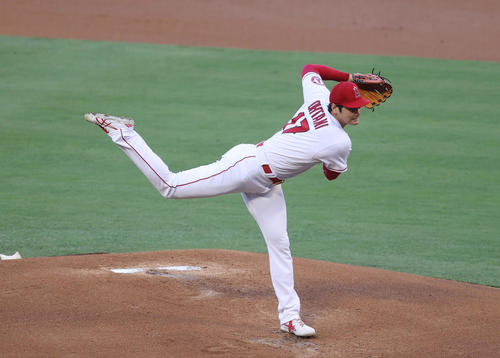 エンゼルス対アストロズ　エンゼルス先発の大谷（撮影・狩俣裕三）
