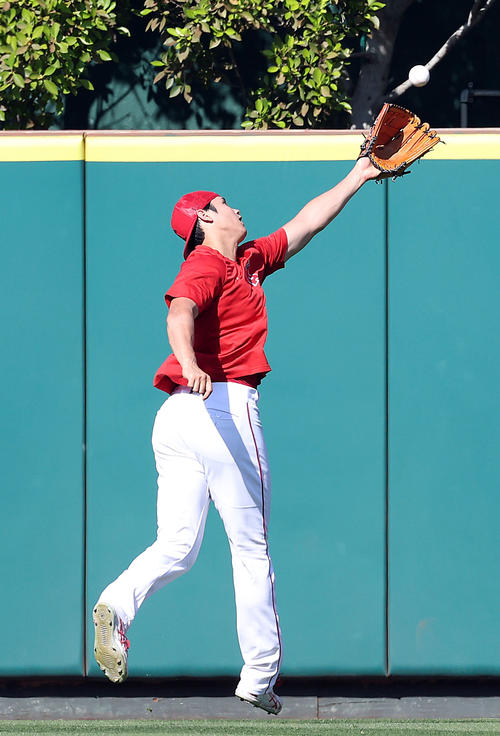 大谷翔平が試合前に外野守備練習 20分間コーチからノック受けるなど汗