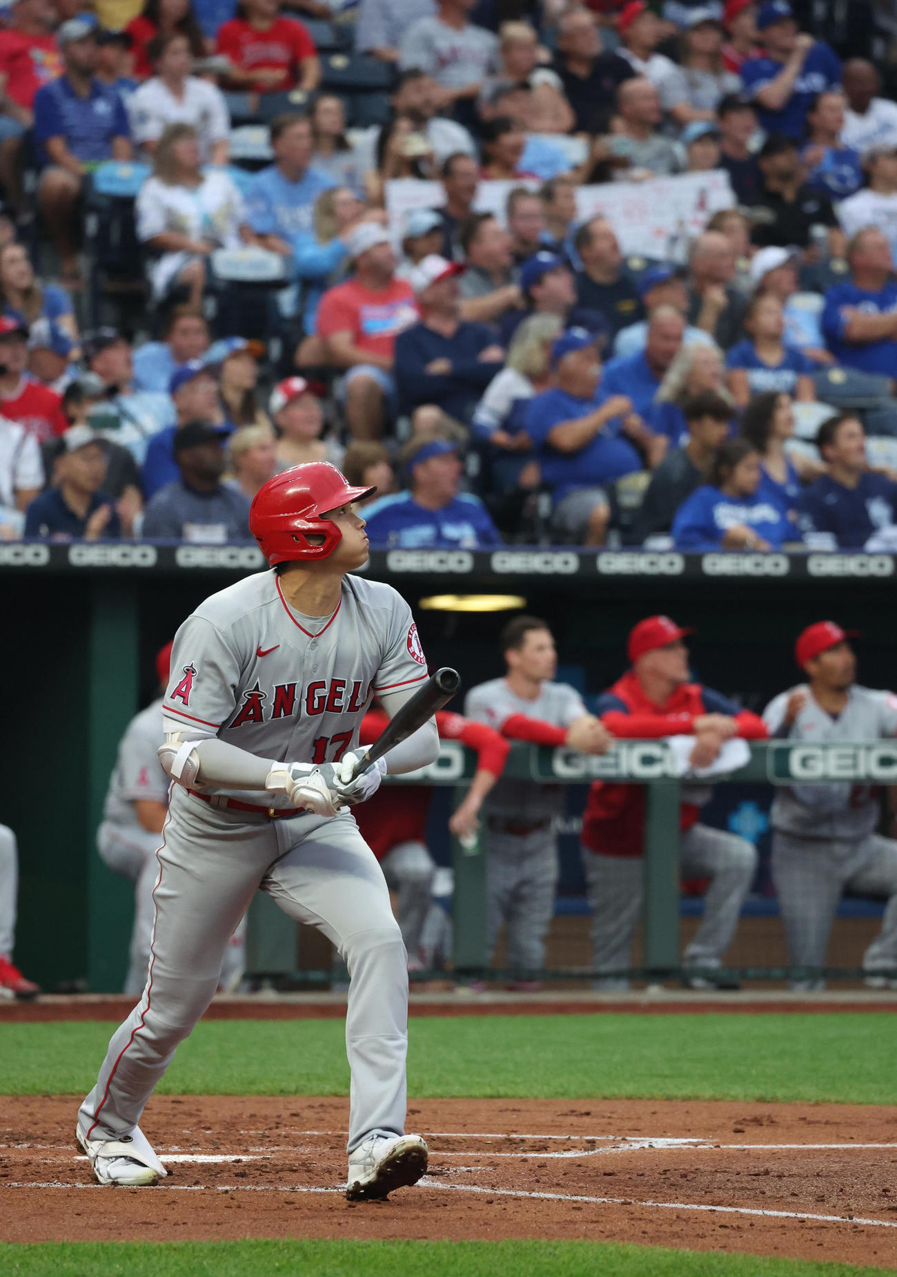 ロイヤルズ対エンゼルス　3回表エンゼルス1死、先制ソロ本塁打を放つ大谷（撮影・狩俣裕三）