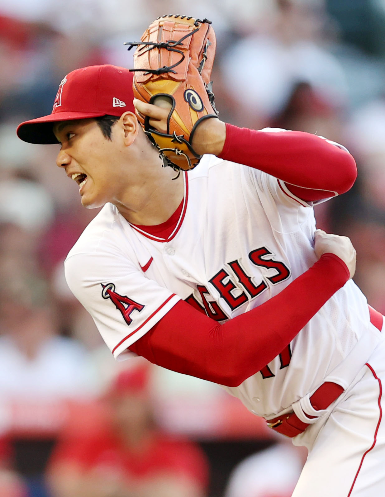 エンゼルス対レンジャーズ　エンゼルス先発の大谷（撮影・狩俣裕三）