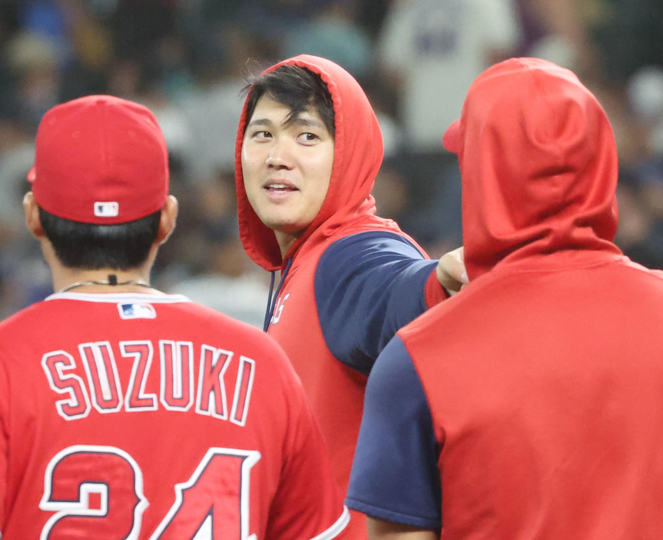 マリナーズ対エンゼルス　ダブルヘッダー2試合目は勝利し、笑顔を見せる大谷（撮影・狩俣裕三）