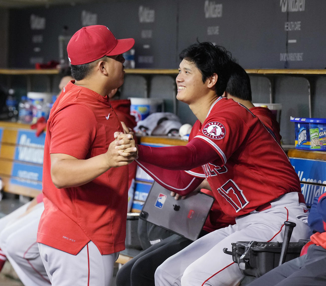 タイガース対エンゼルス　試合中、ベンチでスアレス（左）とじゃれ合う大谷（撮影・菅敏）
