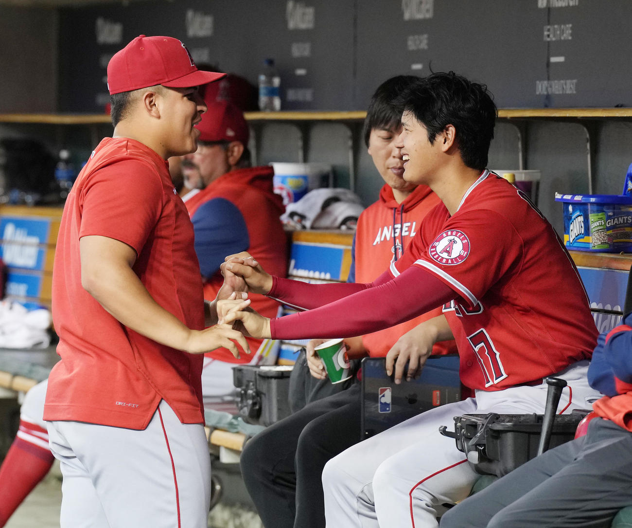 タイガース対エンゼルス　試合中、ベンチでスアレス（左）とじゃれ合う大谷（撮影・菅敏）