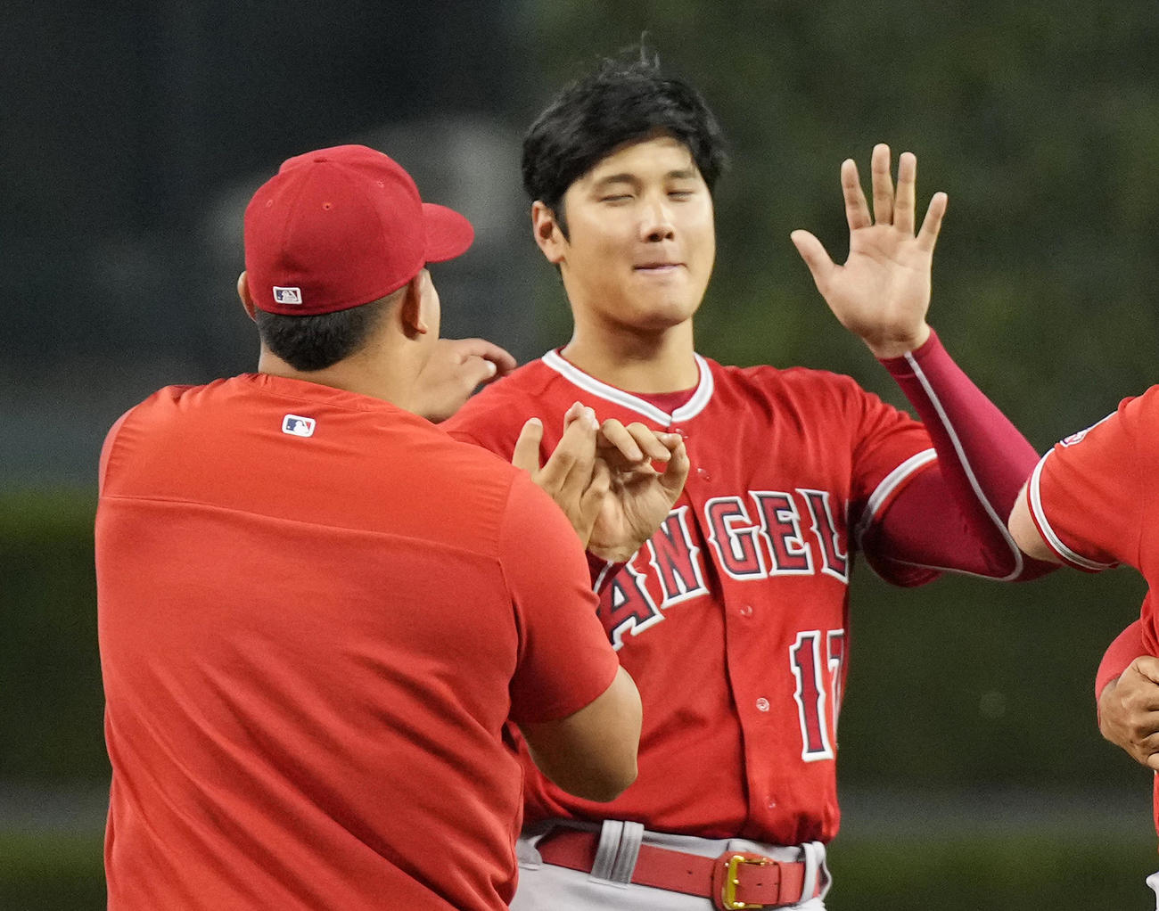 タイガースに勝利し、ナインを迎えるエンゼルス大谷翔平（右）は、ホセ・スアレスと乱闘寸前に！本当はじゃれ合っているだけですよ（撮影・菅敏）