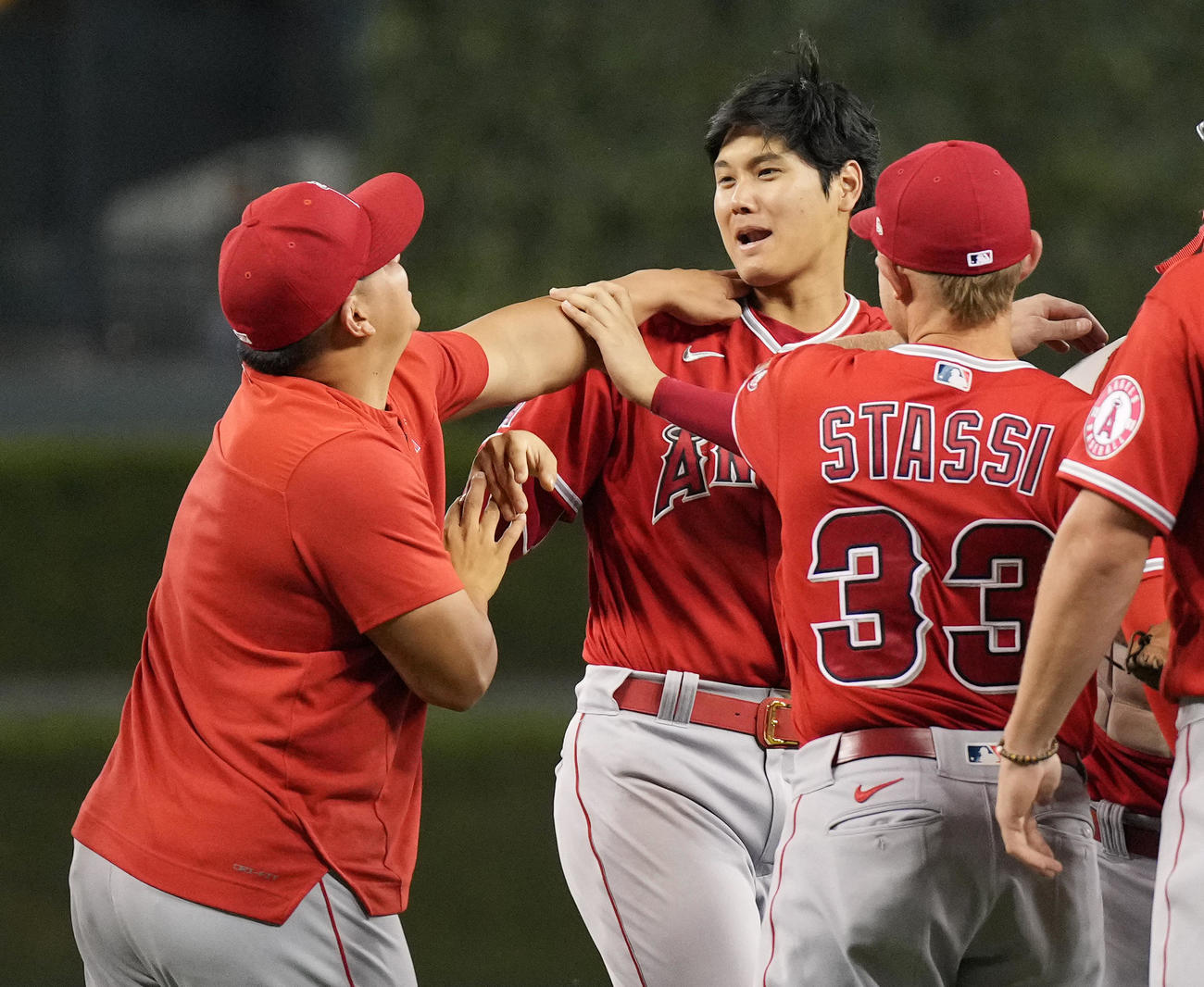 タイガースに勝利し、ナインを迎えるエンゼルス大谷翔平（右から2人目）は、スアレスと乱闘寸前に！本当はじゃれ合っているだけですよ（撮影・菅敏）