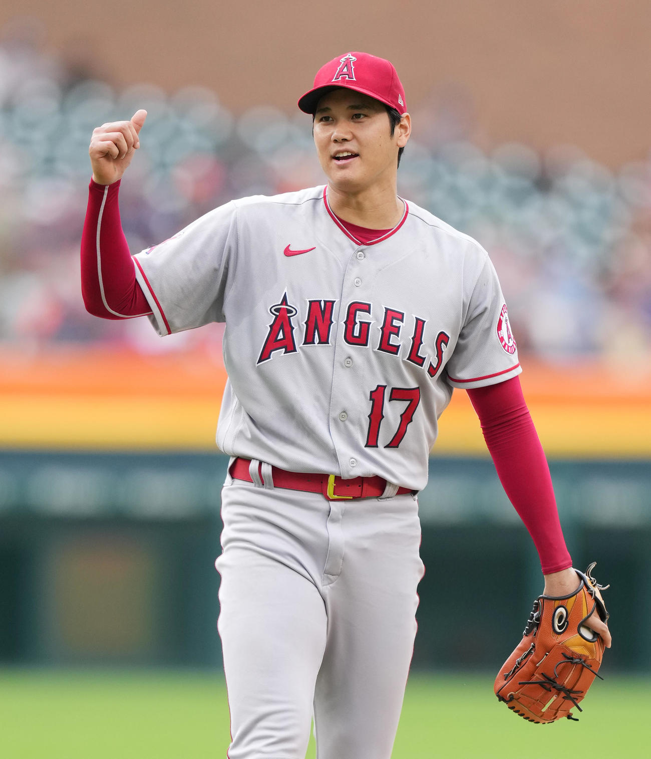タイガース対エンゼルス　2回、投球後に声を上げるエンゼルス大谷（撮影・菅敏）