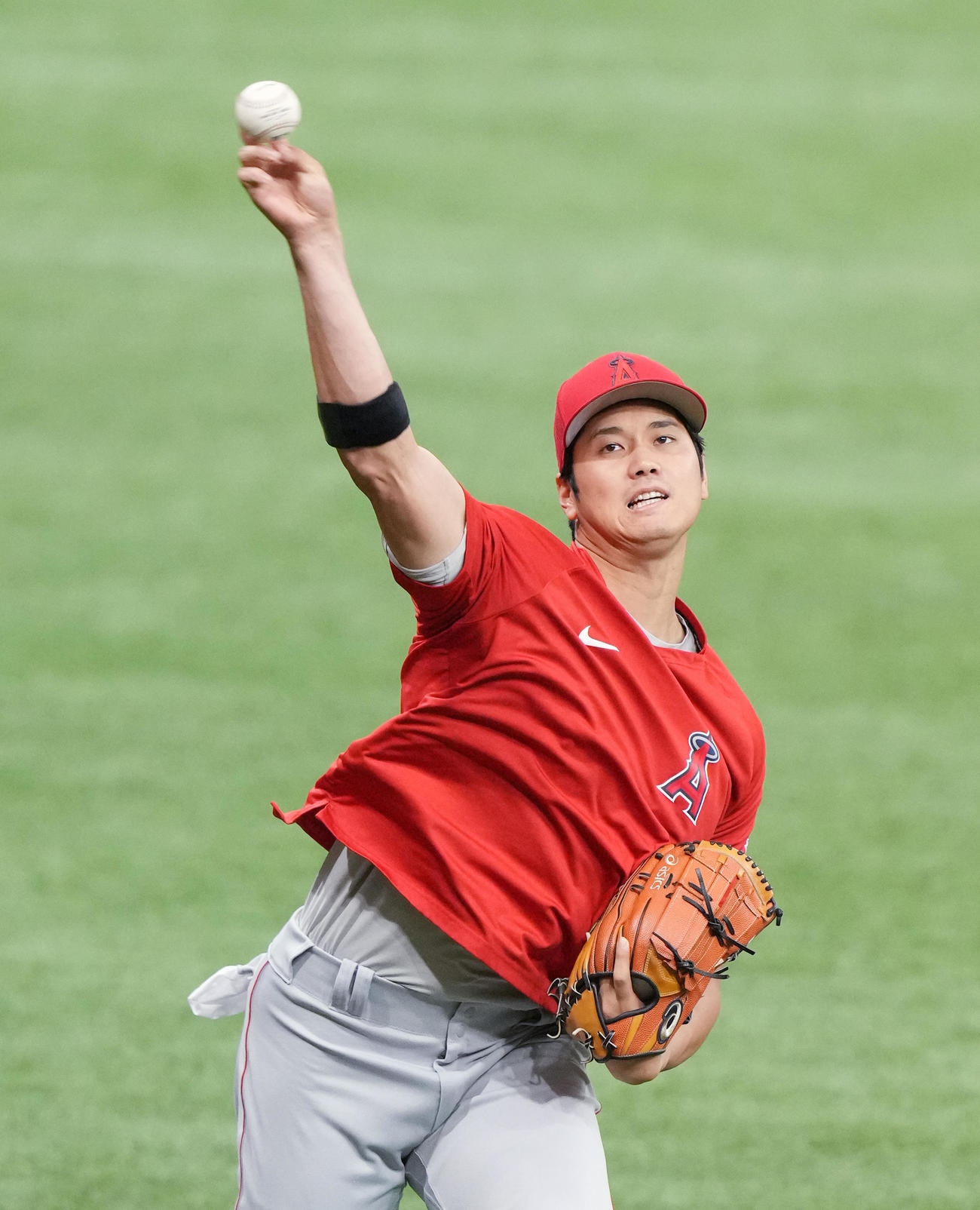レイズ対エンゼルス　試合前、キャッチボールで調整するエンゼルス大谷（撮影・菅敏）