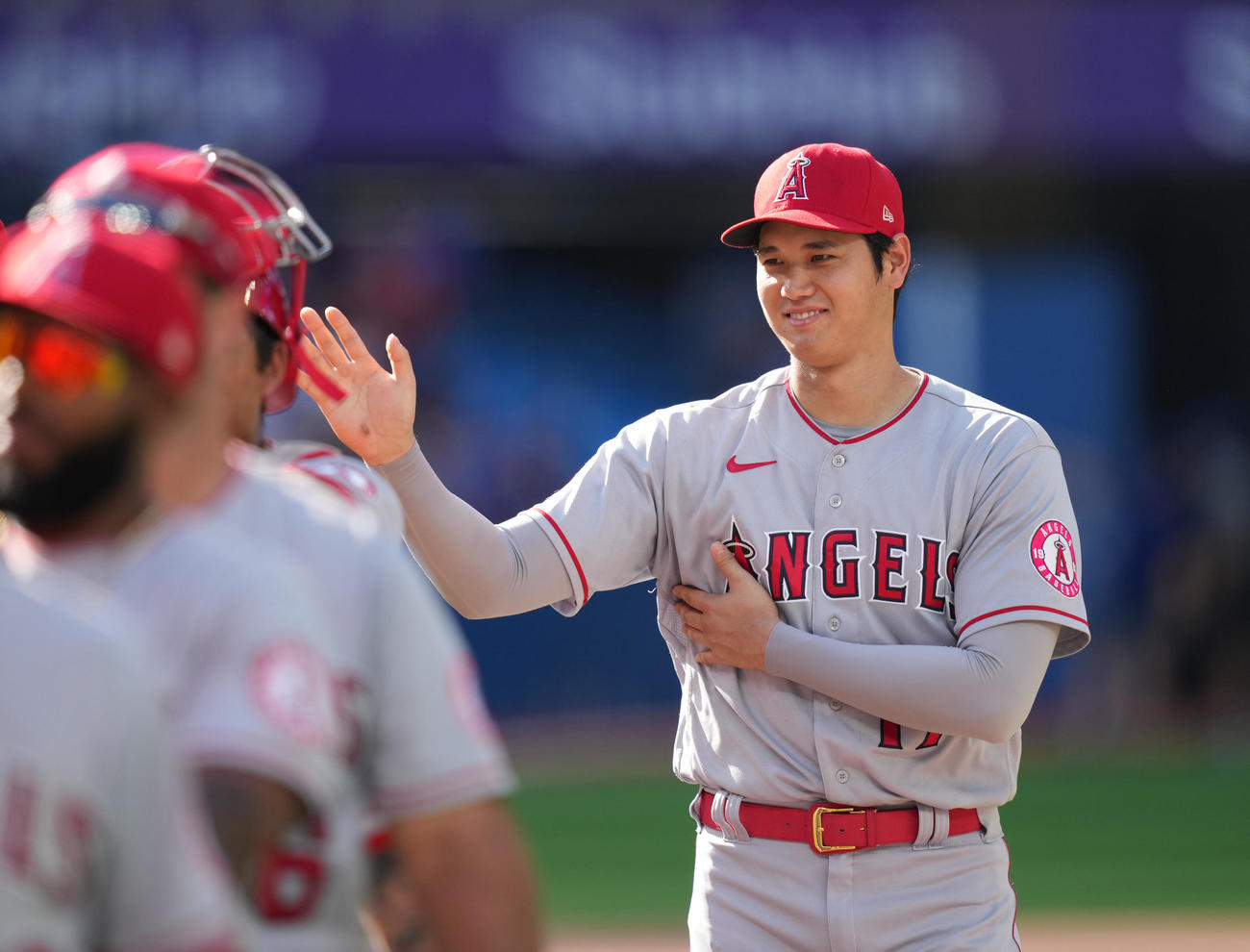 ブルージェイズに勝利し、笑顔でナインとタッチをするエンゼルス大谷（右）（撮影・菅敏）