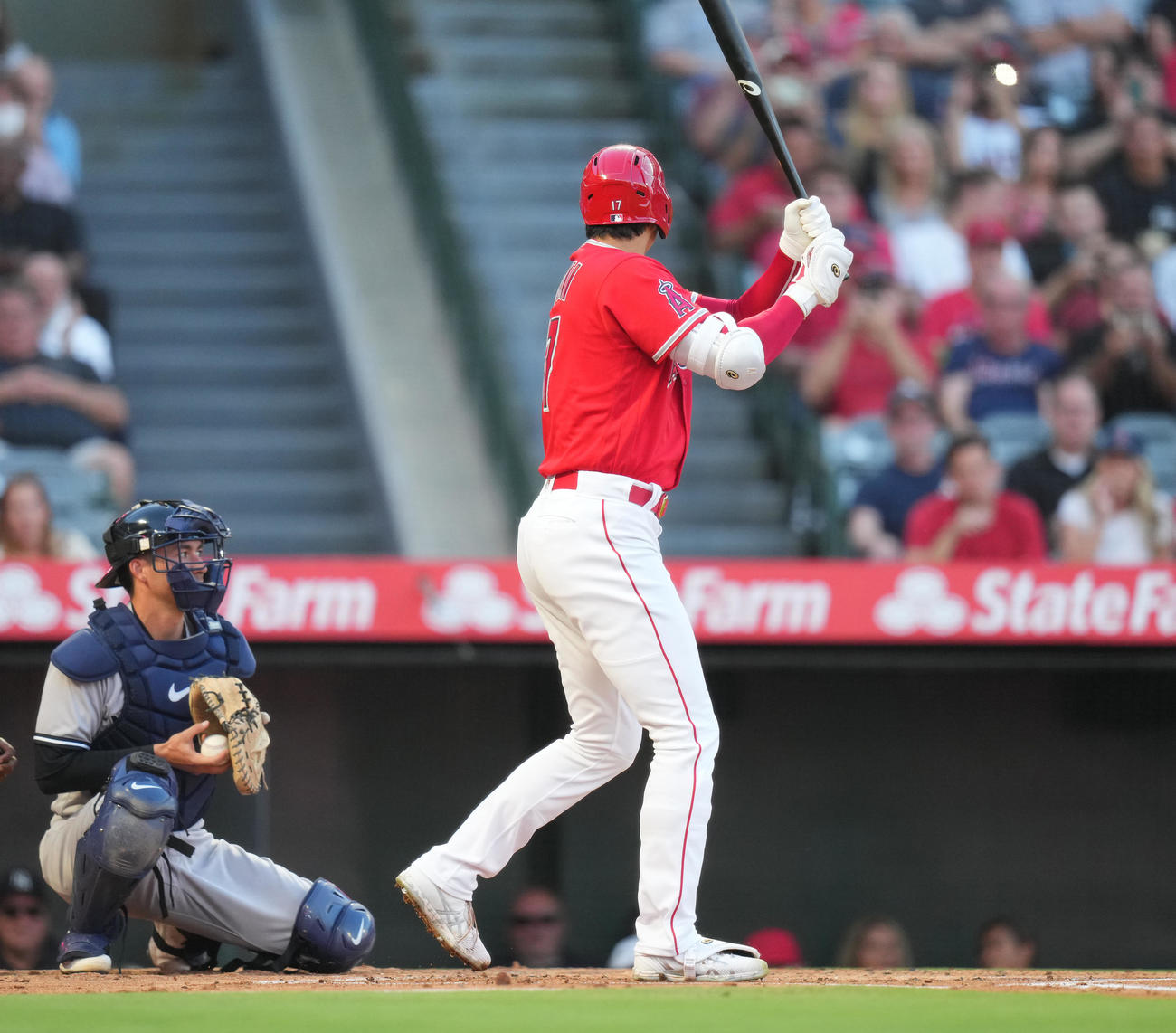 エンゼルス対ヤンキース　1回裏エンゼルス2死、空振りの三振に倒れる大谷（撮影・菅敏）