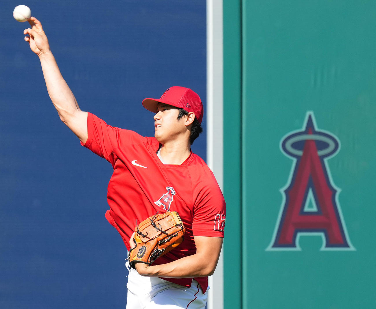 エンゼルス対タイガース　試合前、キャッチボールで調整する大谷（撮影・菅敏）