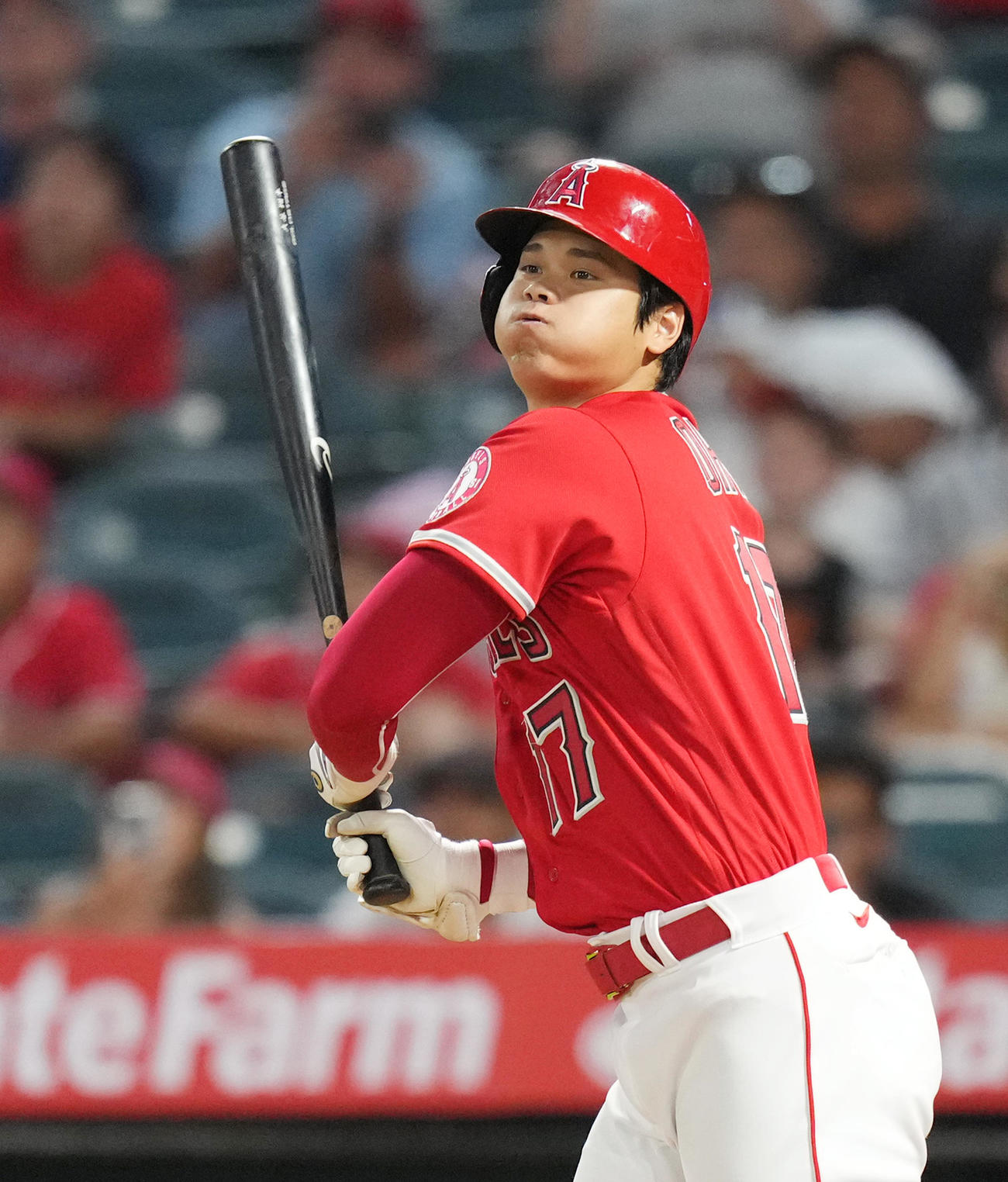 エンゼルス対タイガース　9回裏エンゼルス1死、左飛に倒れる大谷（撮影・菅敏）