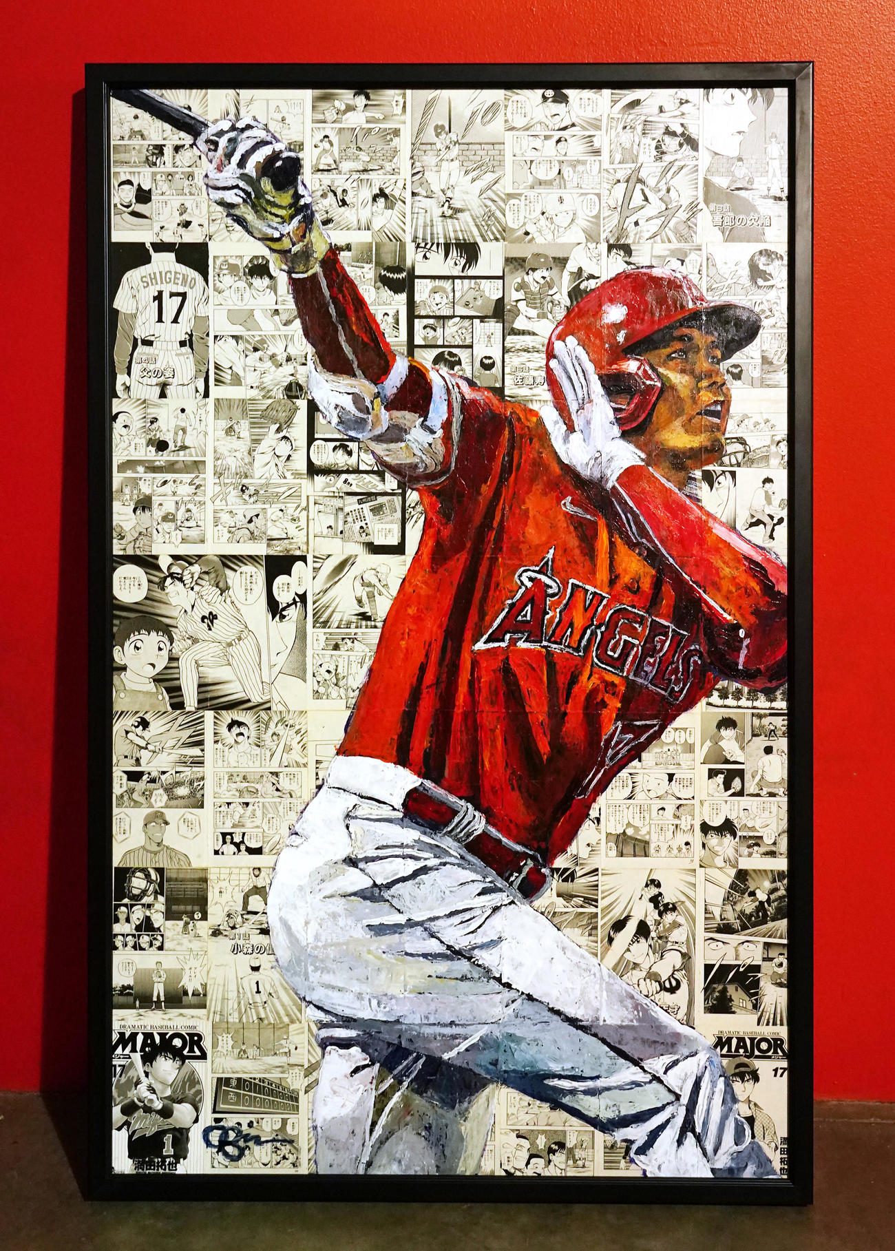 アストロズ対エンゼルス　画家のオタースダッド氏が描いた大谷の絵（撮影・菅敏）