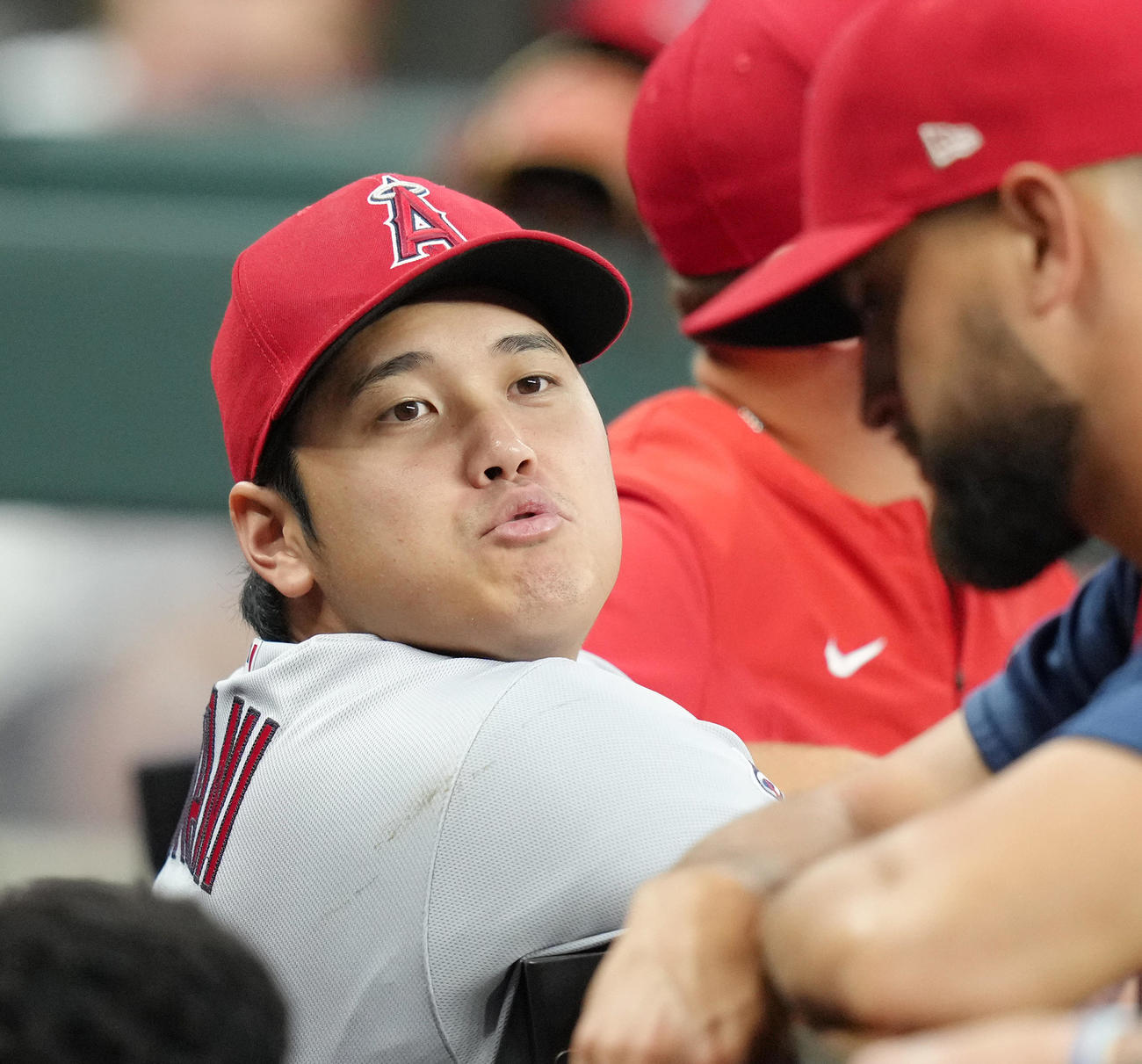レンジャーズ対エンゼルス　試合中、ベンチでナインと話す大谷（撮影・菅敏）