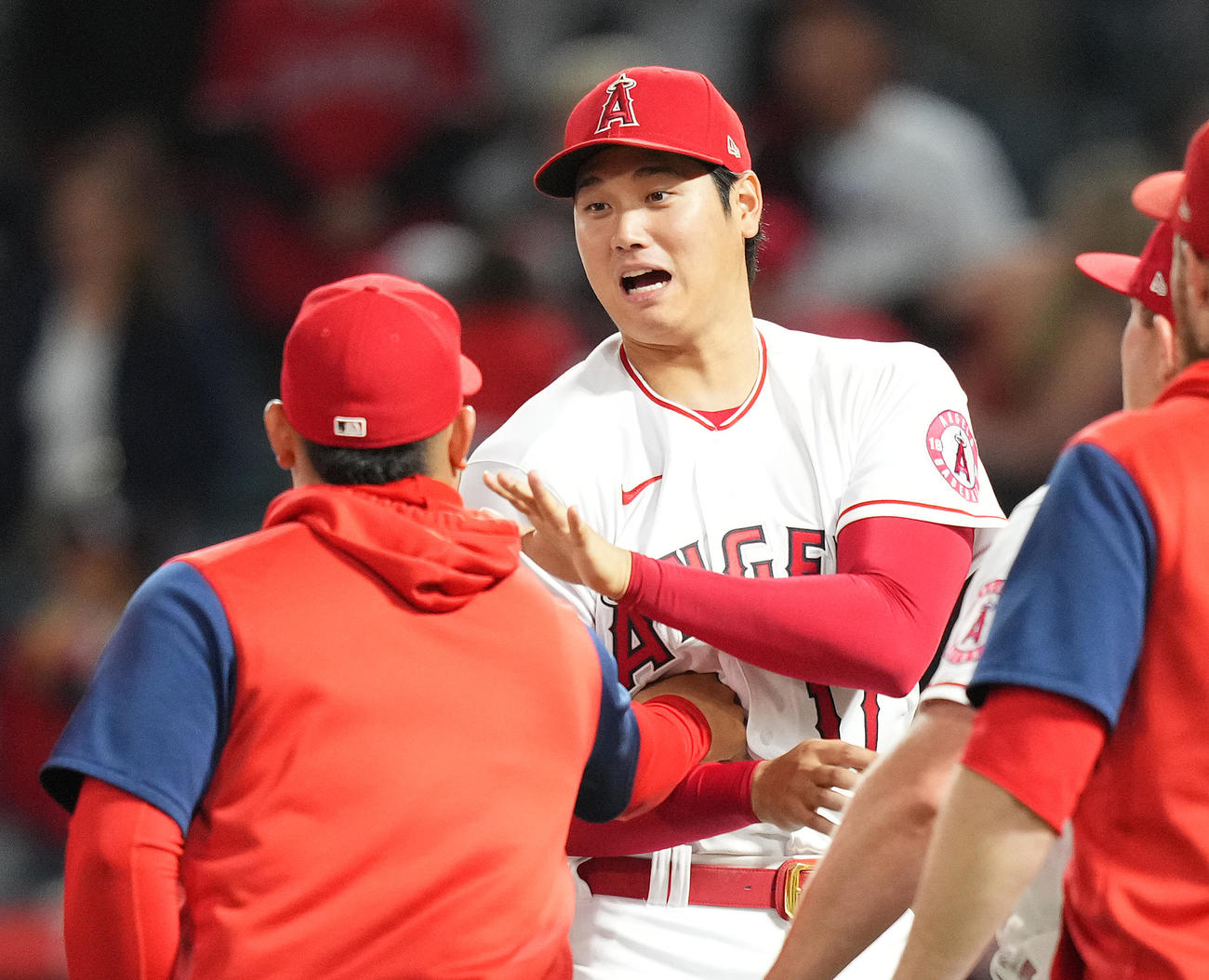 レンジャーズに勝利し出迎える大谷は、スアレス（左）にお腹を突かれる（撮影・菅敏）