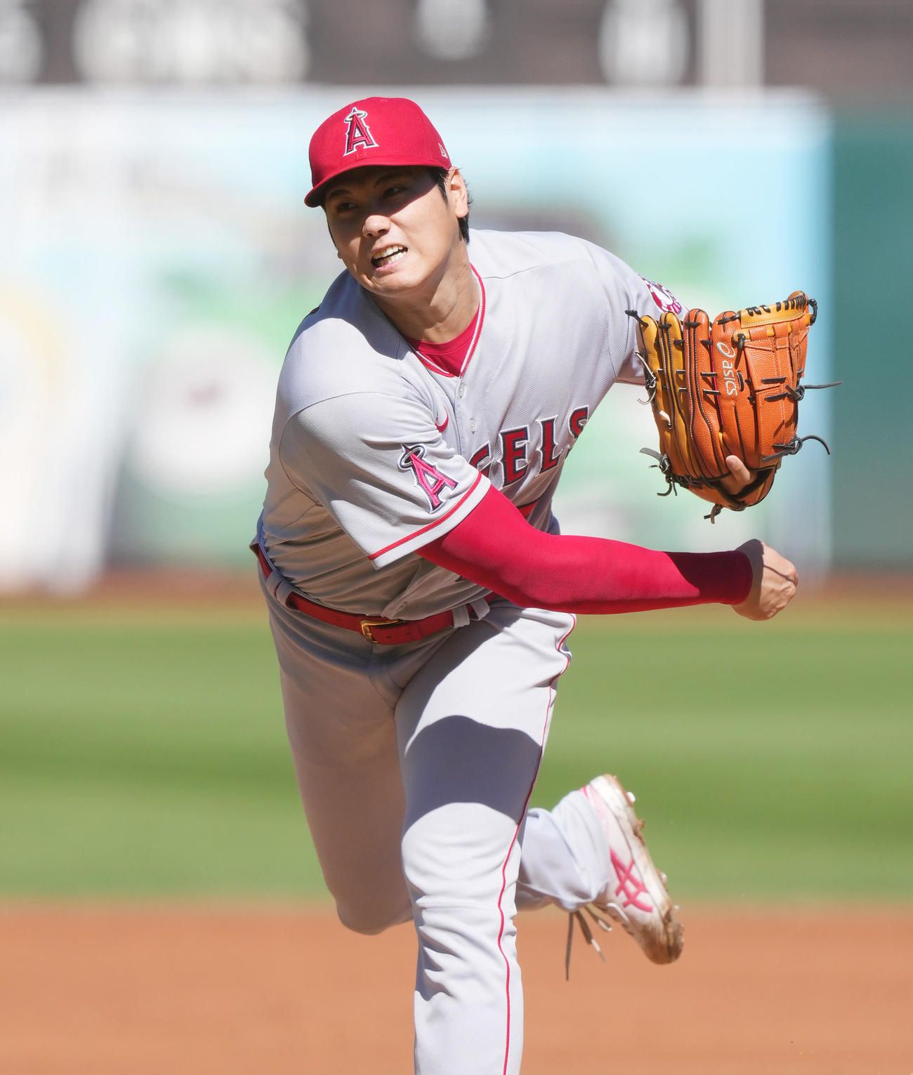 アスレチックス対エンゼルス　エンゼルス先発の大谷（撮影・菅敏）