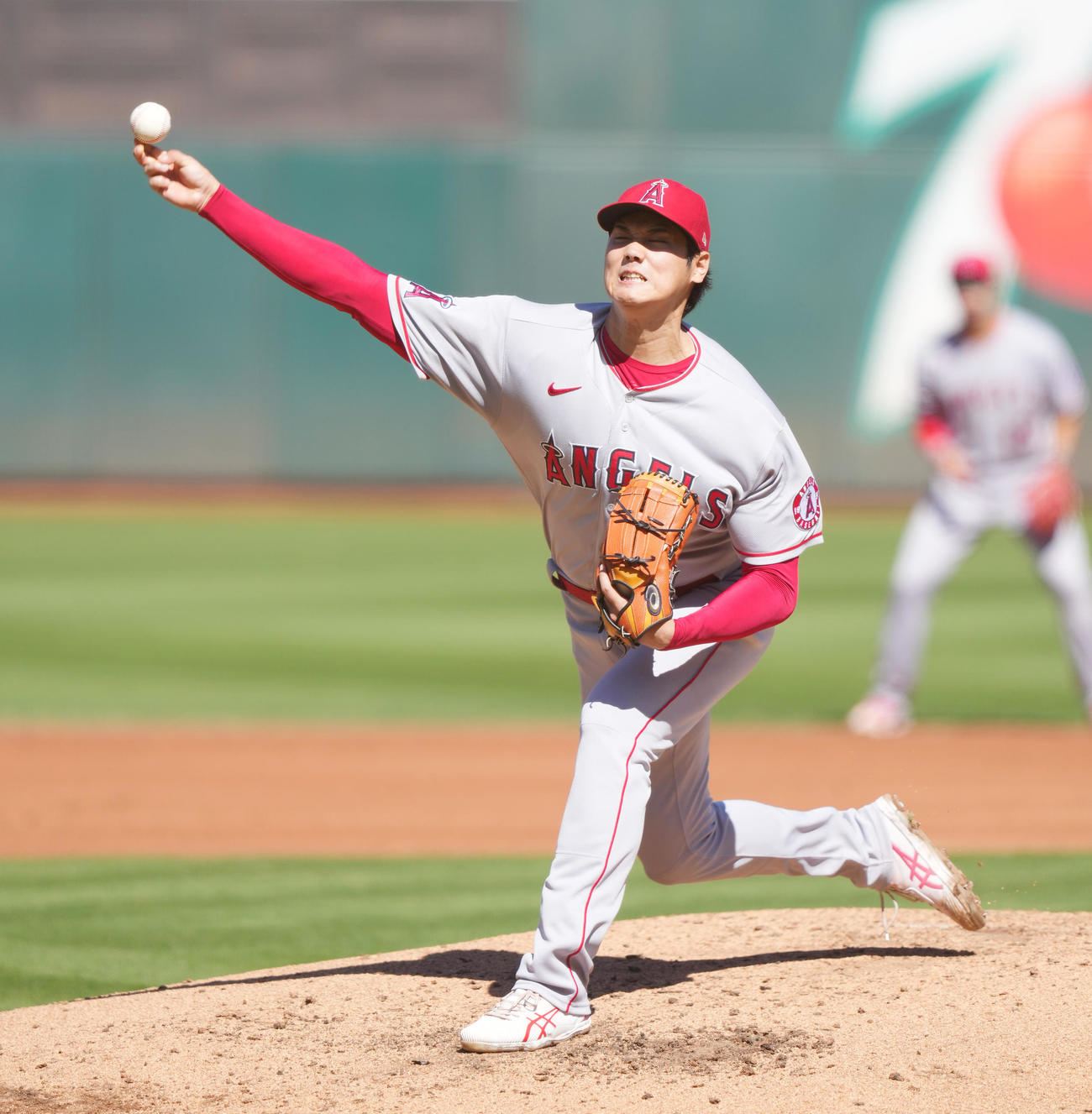アスレチックス対エンゼルス　エンゼルス先発の大谷（撮影・菅敏）