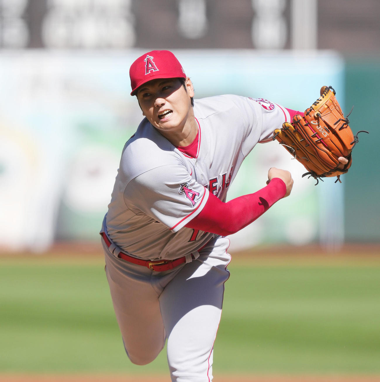 アスレチックス対エンゼルス　先発し力投するエンゼルス大谷（撮影・菅敏）